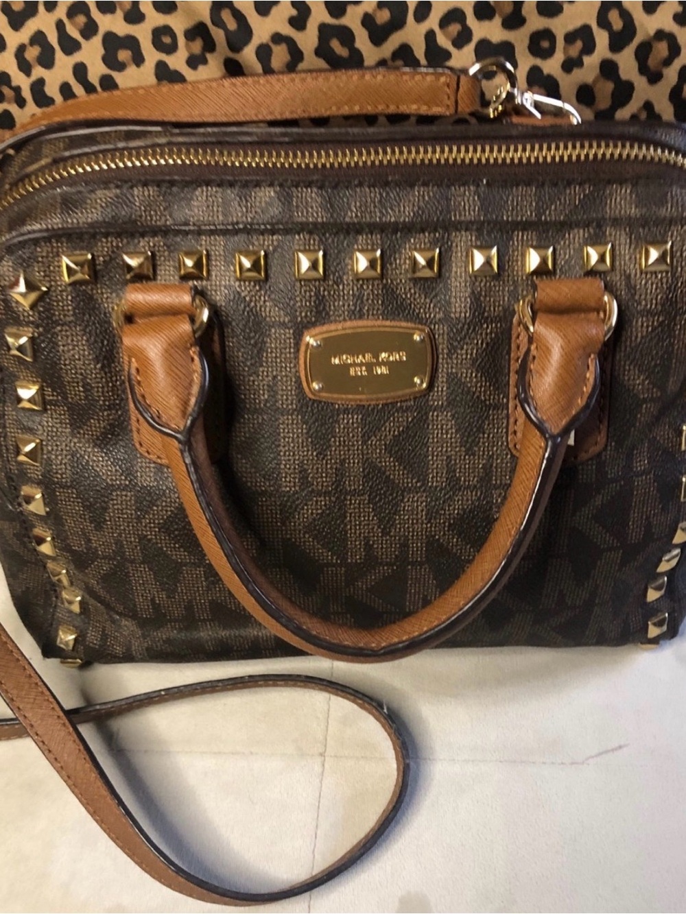 Michael Kors Brown Logo Satchel with Gold Stud Accents